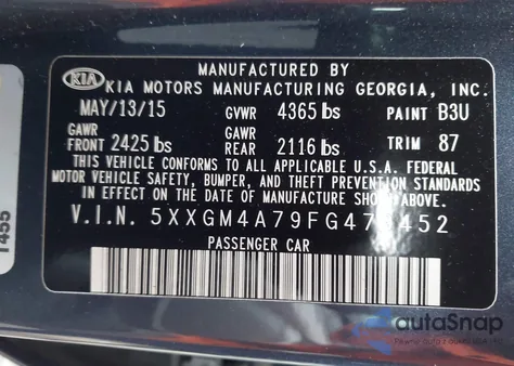 2015 Kia Optima Lx from USA, damaged, VIN 5XXGM4A79FG479452